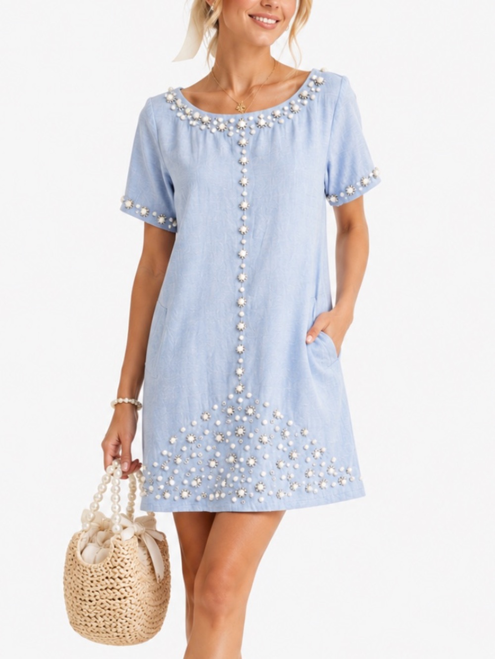 LUXE MODA Pastel Pearl Beaded Shift Dress Coquette Coastal Whimsy Tea Party Sz M